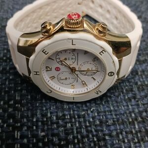 MICHELE Tahitian MWW12F000006 Gold Tone White Rubber Band Chronograph Wristwatch